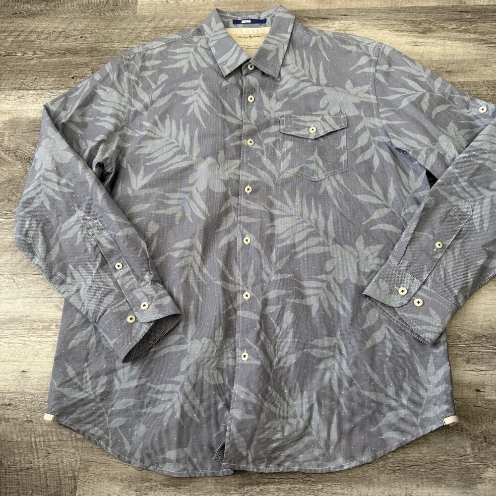Tommy Bahama Island Modern Fit Shirt Men Large Blue Silk Blend Palm Print T36859